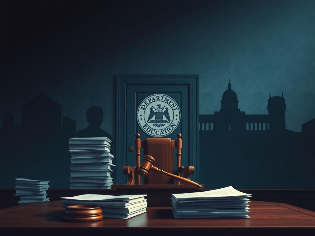 Flick International Courtroom setting with empty judge's bench and gavel surrounded by legal documents