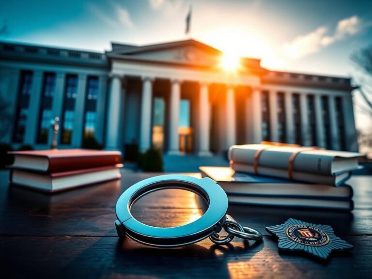 Flick International Exterior of the FBI building at dawn with handcuffs and law books in the foreground