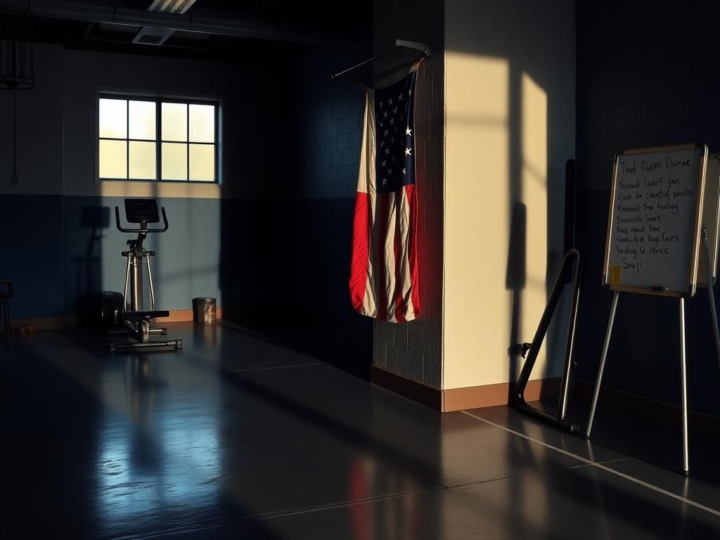 Flick International Interior view of a police station gym in West Boylston with a Trump flag