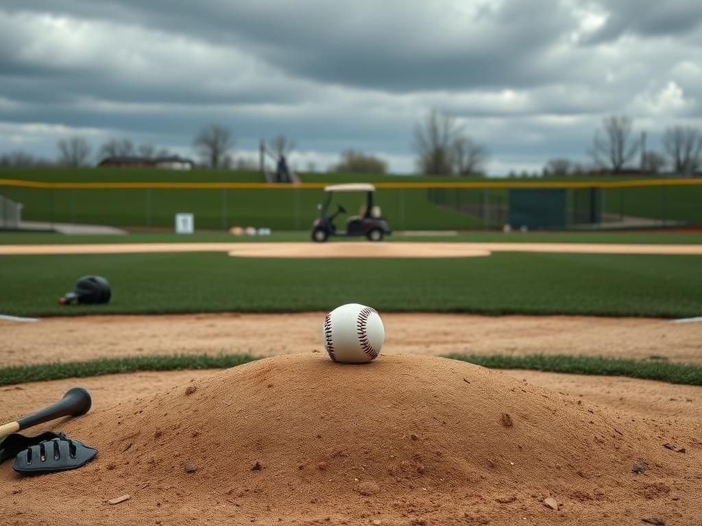 Flick International Empty baseball field with a baseball on the pitcher's mound after Cole Paplham's injury