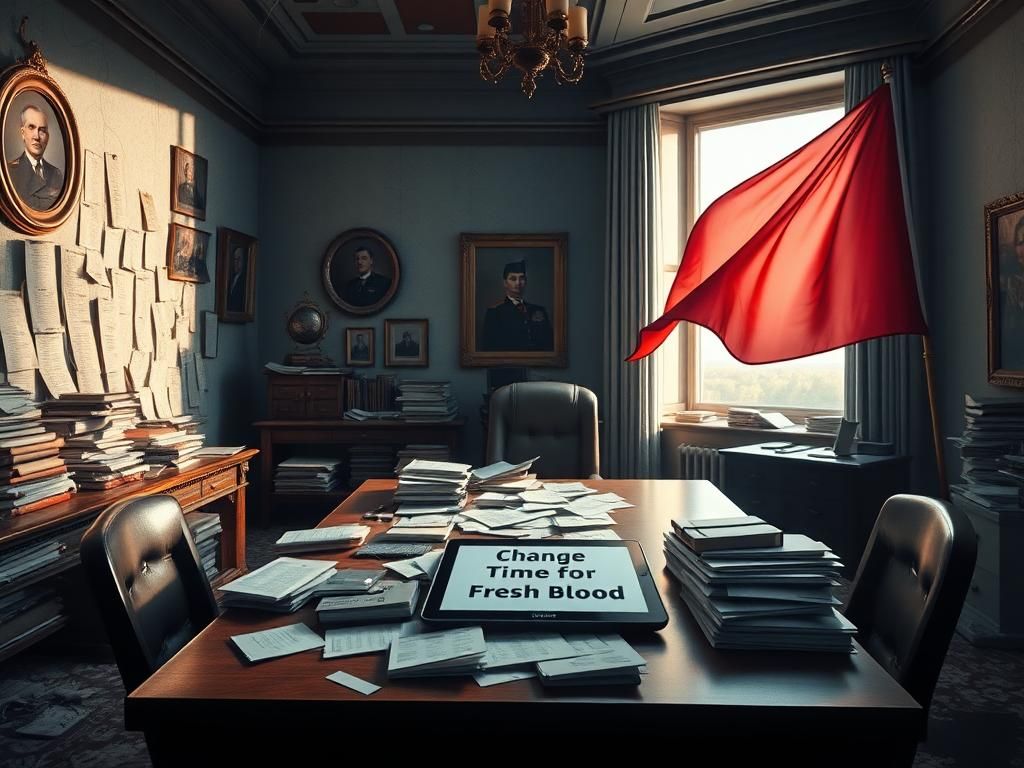 Flick International Military office filled with outdated files and a military flag symbolizing change