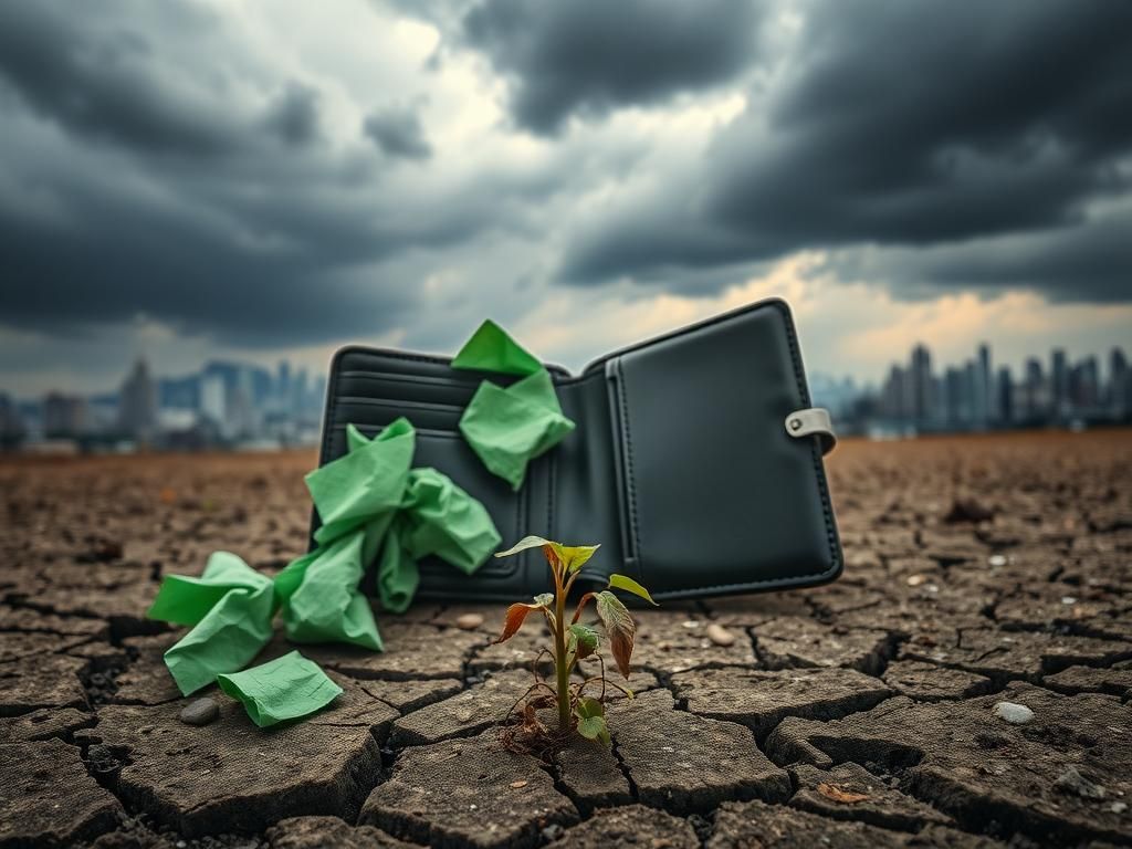 Flick International Empty wallet on desolate landscape with crumpled grant papers representing environmental justice funding cuts