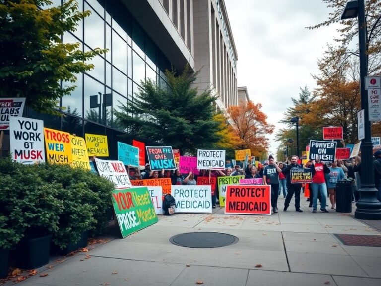 Flick International Protestors holding colorful signs outside a government building