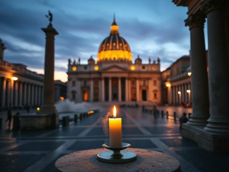 Flick International A serene evening scene in St. Peter's Square with a candle symbolizing hope for Pope Francis