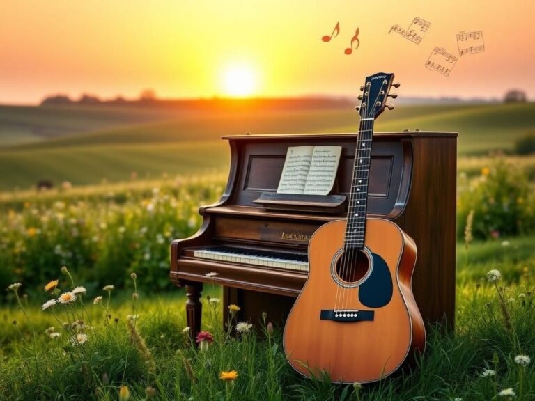 Flick International A serene country landscape featuring a vintage piano and a weathered acoustic guitar surrounded by lush green fields and wildflowers.