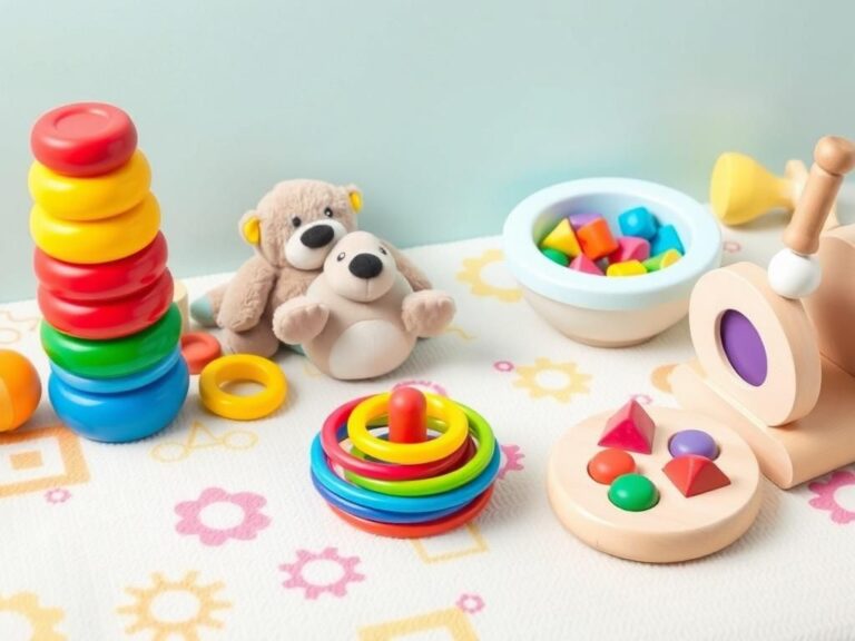 Flick International Vibrant arrangement of colorful baby and toddler toys on a textured play mat