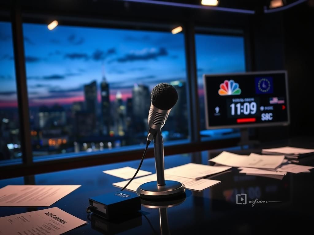 Flick International Dimly lit newsroom desk with a modern news anchor's microphone and the NBC logo