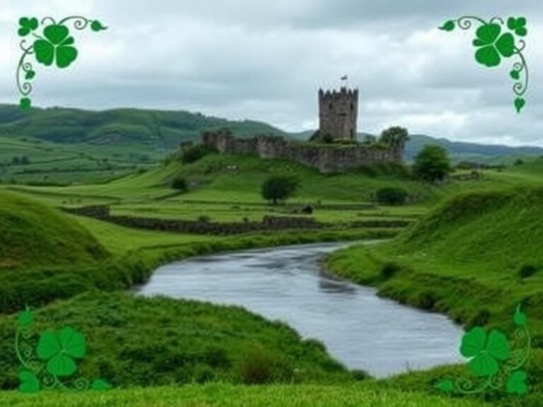 Flick International A serene landscape of the Irish countryside with a tranquil river and an iconic castle