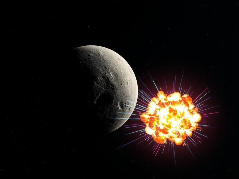 Flick International A large, rocky asteroid amidst a cosmic backdrop, with a depiction of a nuclear explosion's X-rays striking it.