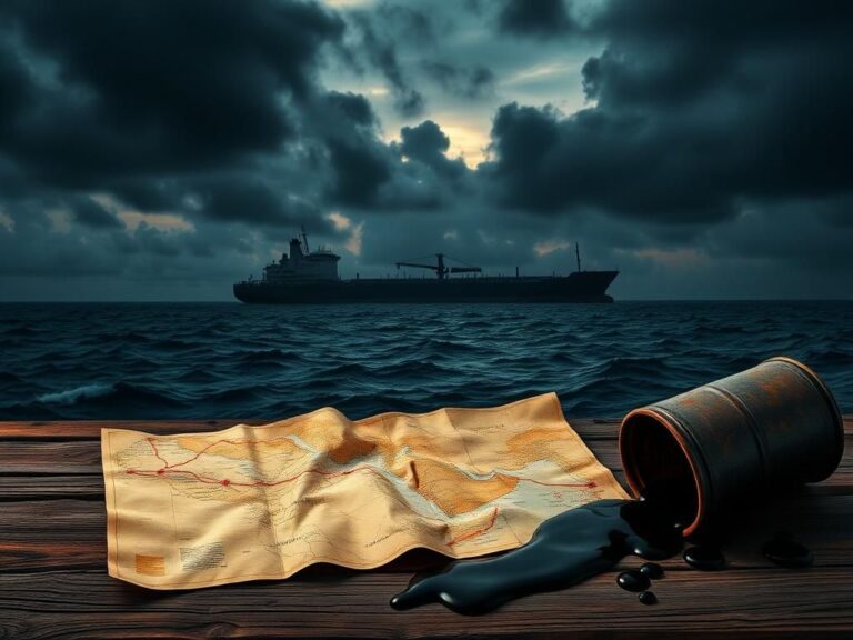 Flick International Dramatic landscape of an oil tanker silhouetted against a turbulent sea under dark clouds