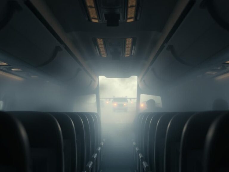 Flick International Interior of airplane cabin filled with dense haze