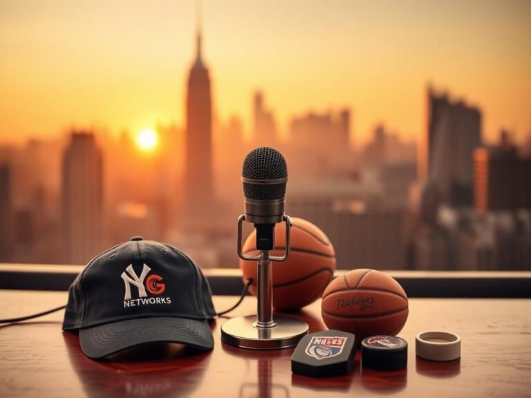 Flick International A serene broadcast microphone surrounded by memorabilia of New York sports teams