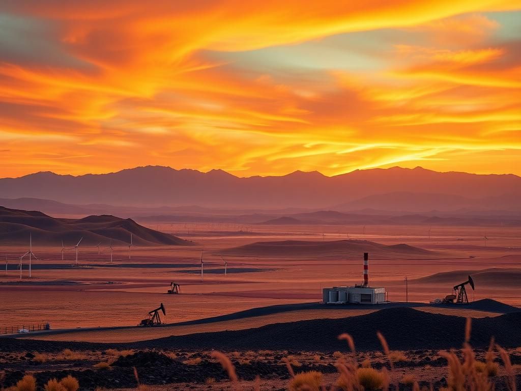 Flick International A vibrant Wyoming landscape featuring energy fields with wind turbines and oil rigs at sunset