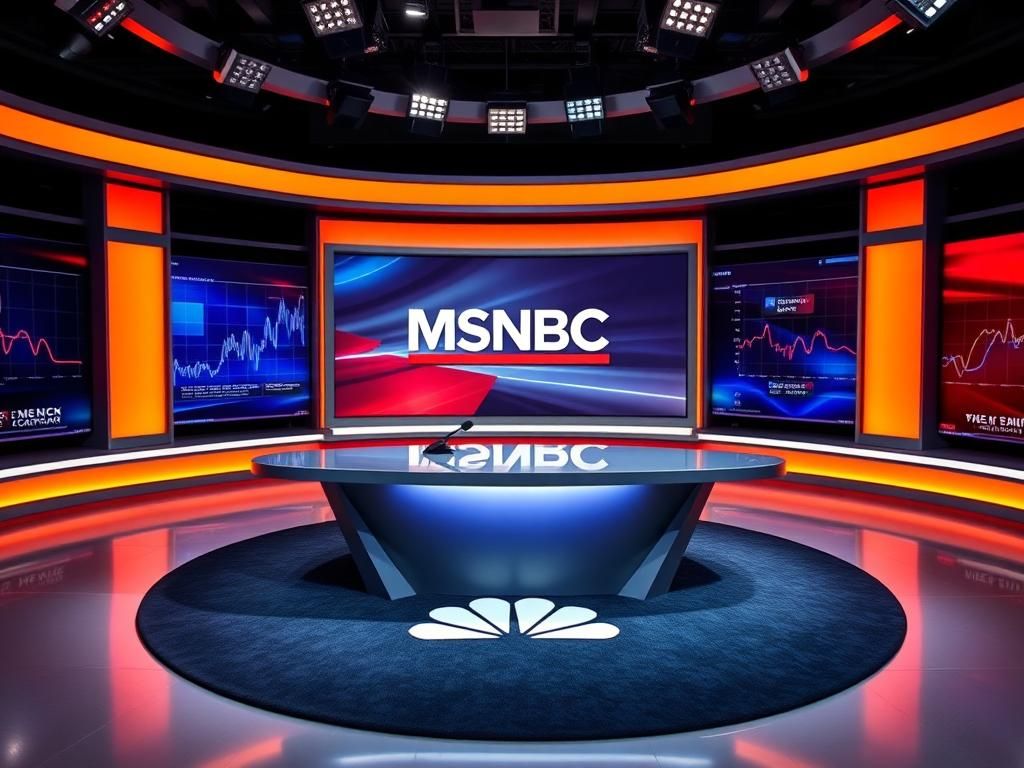 Flick International A modern MSNBC news studio featuring an empty desk and illuminated backdrop