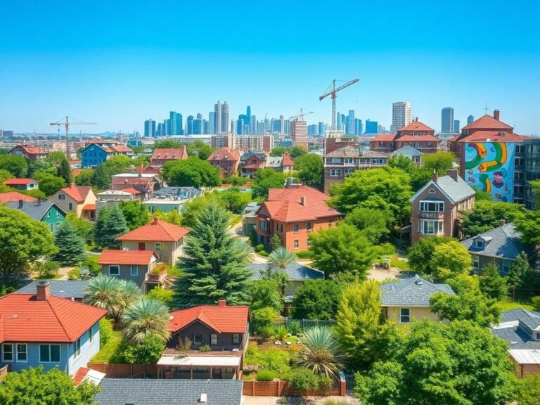 Flick International A vibrant urban landscape showcasing diverse housing styles and community gardens under a clear blue sky