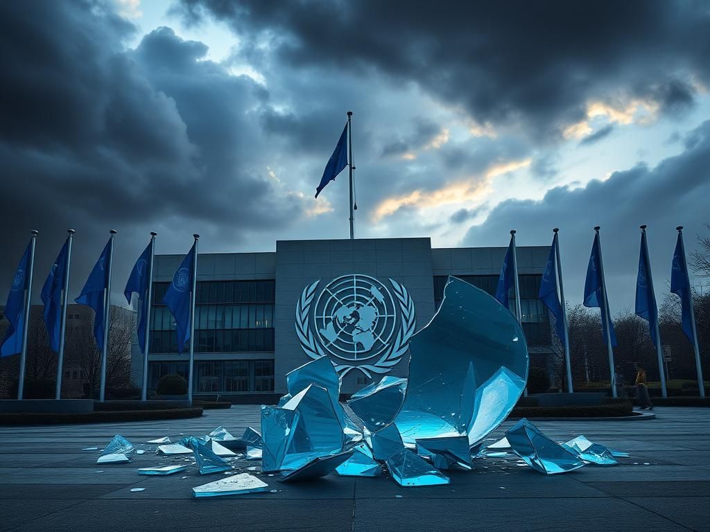 Flick International United Nations headquarters with blue flags at half-mast and shattered glass sculpture symbolizing broken peace