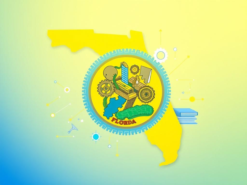 Flick International Graphic representation of Florida's state emblem with abstract efficiency symbols