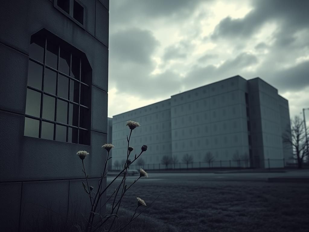 Flick International Exterior view of a modern correctional facility under a cloudy sky