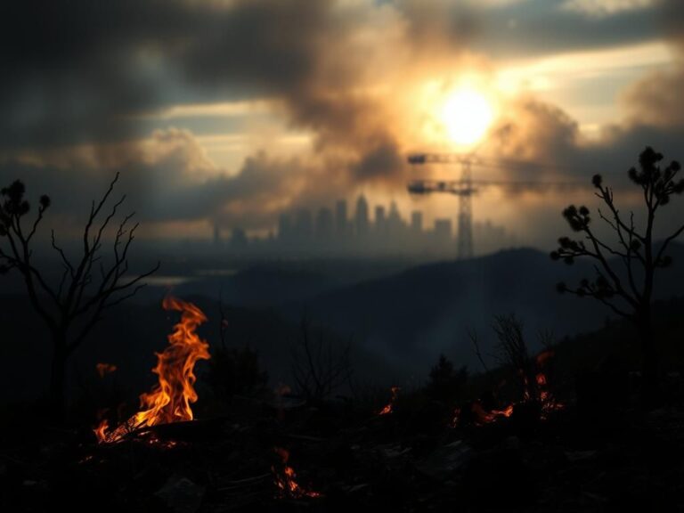 Flick International Burnt landscape with charred trees and Los Angeles skyline in the background signifying wildfire aftermath