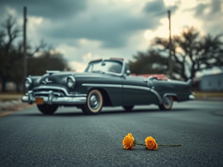 Flick International Vintage convertible car parked on a quiet Texas street symbolizing remembrance and loss