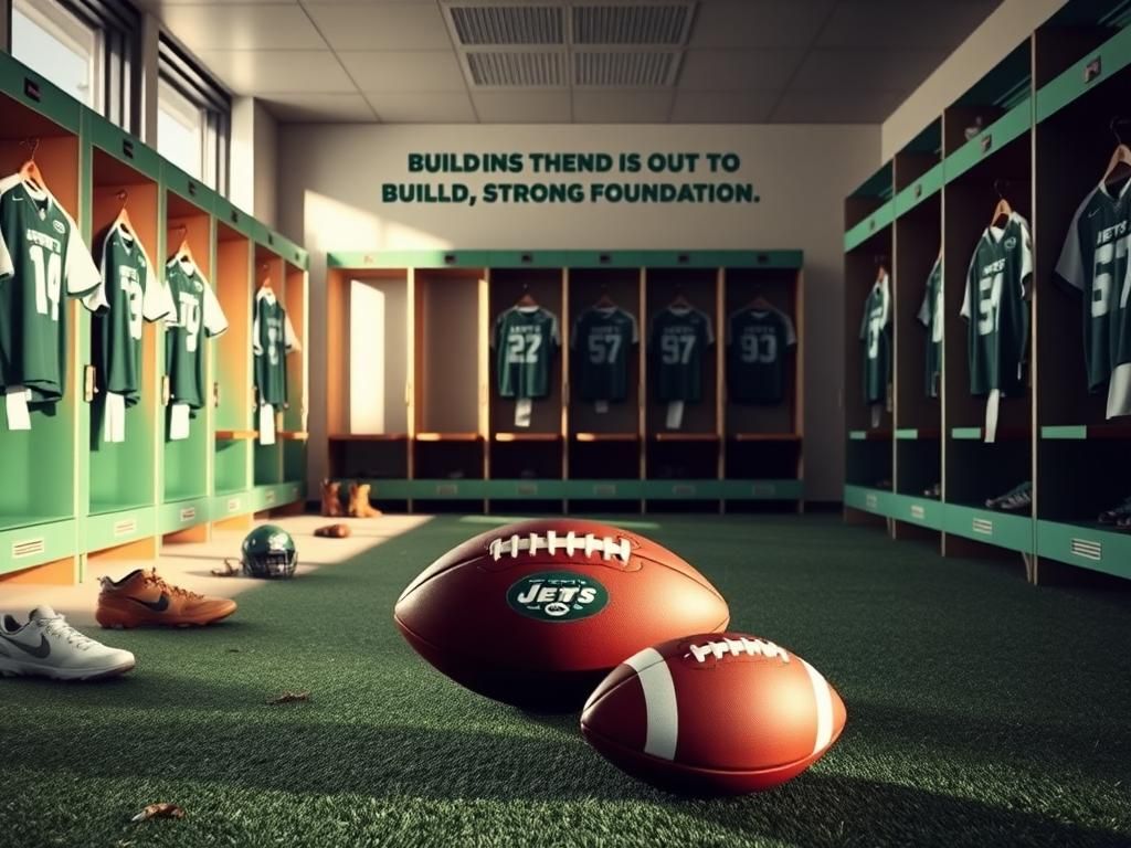 Flick International Empty football locker room adorned in Jets' green and white colors