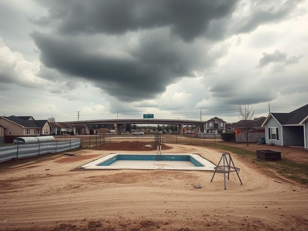 Flick International A neglected backyard pool overshadowed by a partially constructed overpass and construction debris