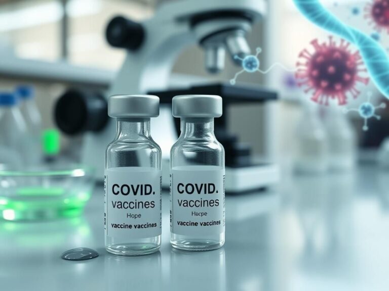 Flick International Close-up view of glass vials of COVID vaccines on a laboratory bench