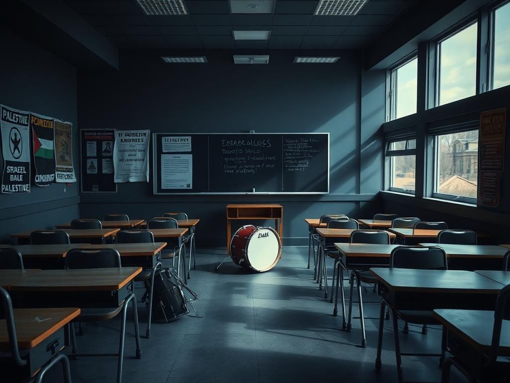 Flick International Empty classroom with crumpled protest posters symbolizing disruption and tension related to the Israel-Palestine conflict