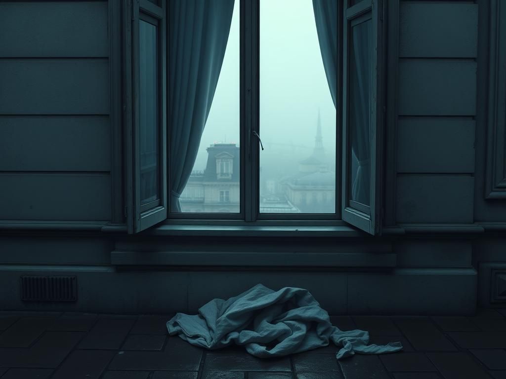 Flick International A second-floor hotel window in Paris with a crumpled blanket on the cobblestones below