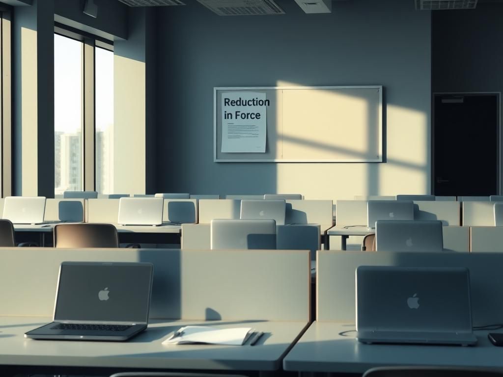 Flick International Office environment with empty desks and official memo about staff reduction