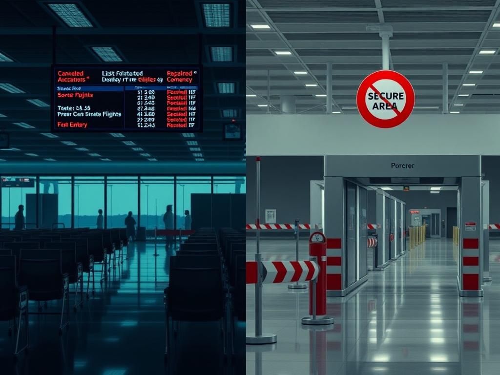 Flick International A contrasting scene featuring an empty airport terminal and a secure border control checkpoint symbolizing immigration policy shifts.