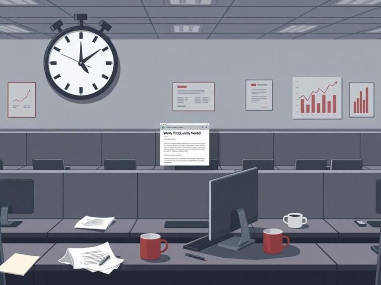 Flick International A digital illustration of a modern office with empty cubicles and a large wall clock indicating urgency