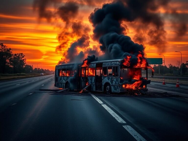 Flick International Charred wreckage of a bus engulfed in flames on a deserted highway