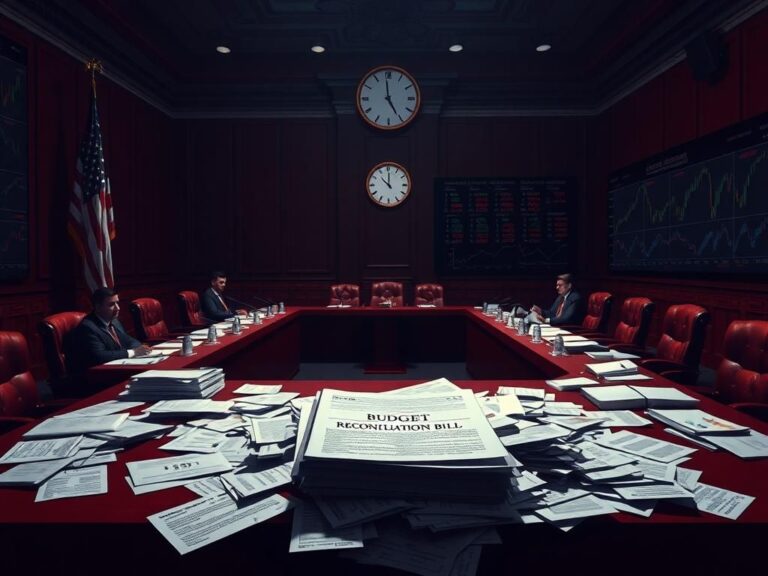 Flick International Dramatic scene inside a dimly lit conference room with large tables covered in budget documents and charts