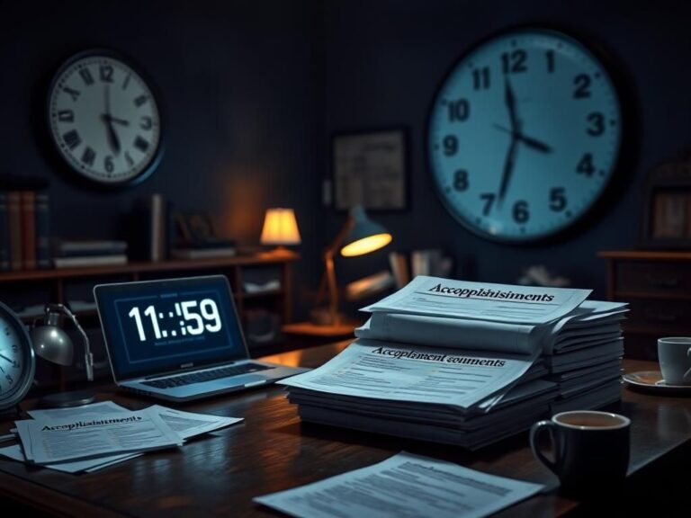 Flick International A dramatic office setting at midnight with a vintage wooden desk, glowing laptop, and official documents