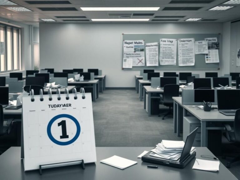 Flick International Open-plan corporate office with empty desks and a large calendar highlighting a deadline