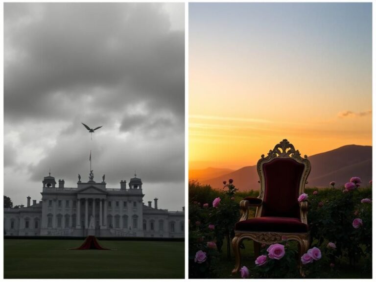 Flick International Split image showcasing Buckingham Palace against a somber sky juxtaposed with a serene California landscape, reflecting royal tensions.