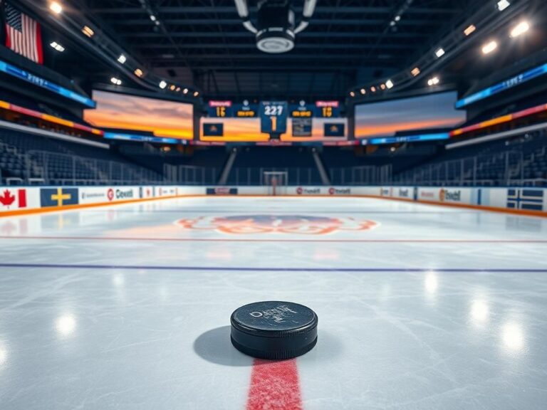 Flick International Dynamic ice hockey rink with national flags and a hockey puck at center ice