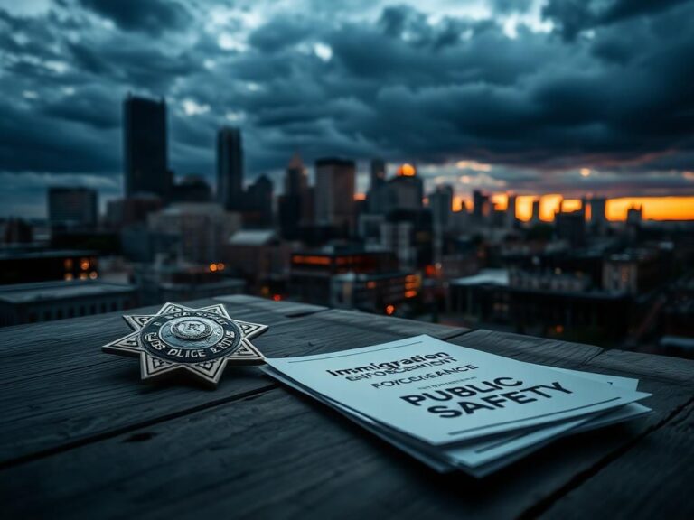 Flick International A dramatic skyline of Boston at dusk with a police badge symbolizing authority