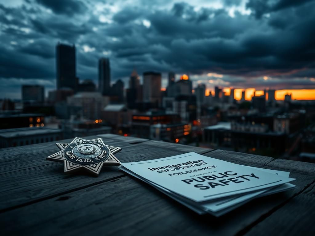 Flick International A dramatic skyline of Boston at dusk with a police badge symbolizing authority