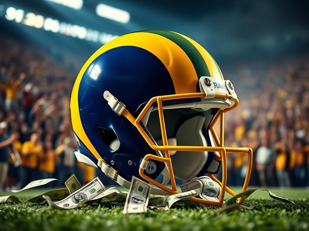 Flick International Close-up of a Los Angeles Rams football helmet against a blurred stadium filled with cheering fans