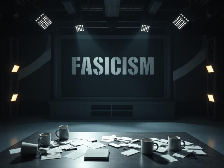 Flick International Empty television studio with darkened backdrop highlighting the word 'FASCISM'