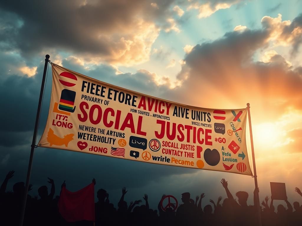 Flick International A vibrant banner promoting social justice and unity against a darkening sky