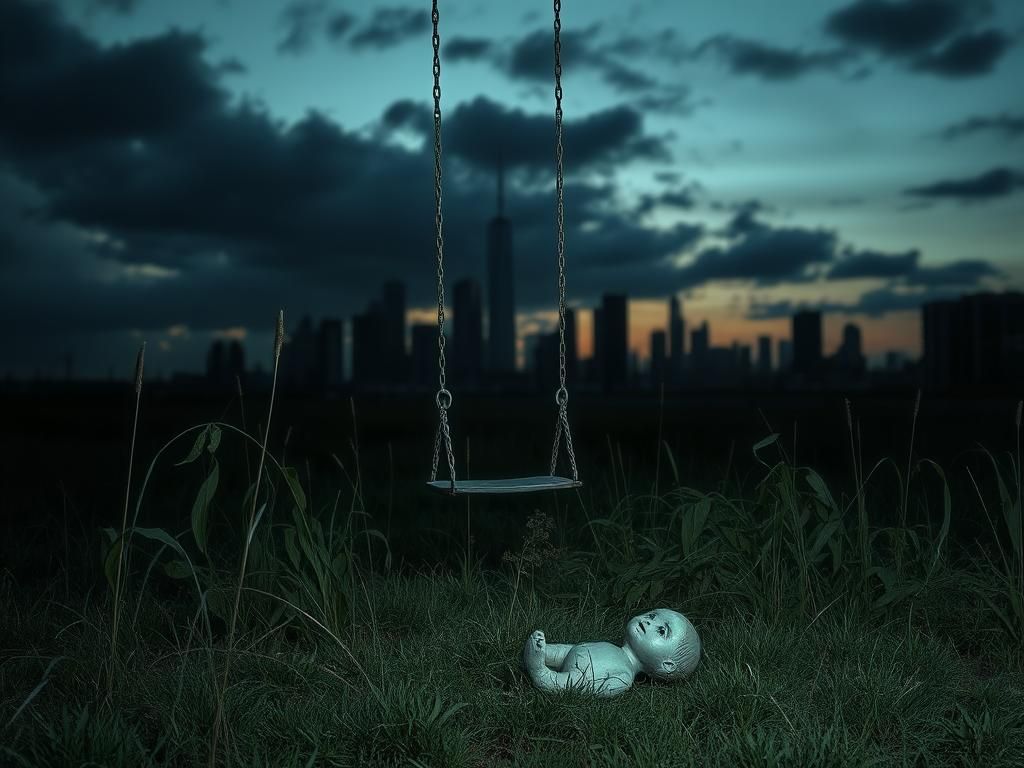 Flick International Abandoned playground symbolizing lost childhood innocence