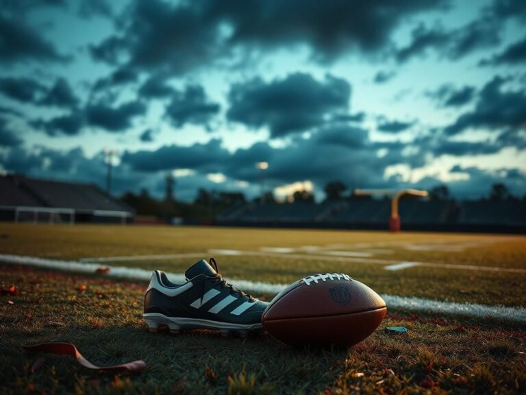 Flick International Abandoned worn cleats on a football field beside a goalpost, symbolizing a player's injury.