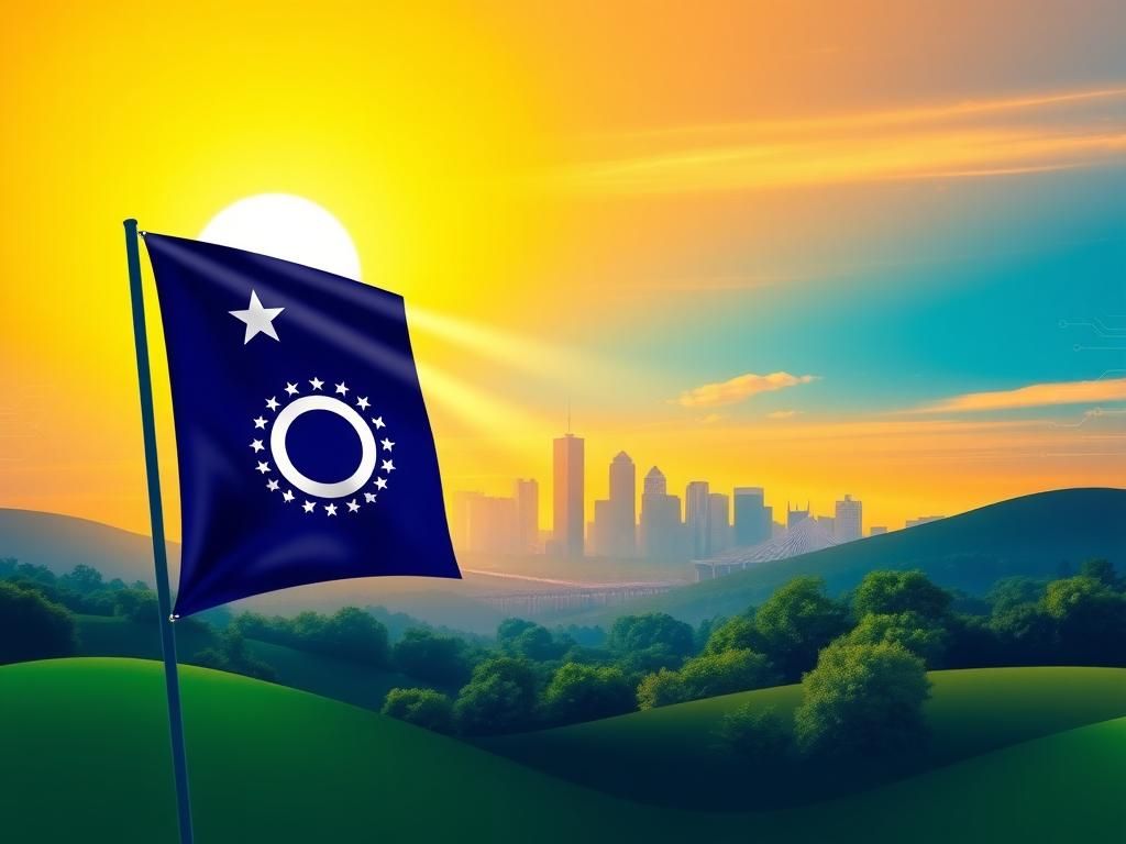 Flick International Vibrant Ohio landscape featuring iconic state flag and Cincinnati skyline