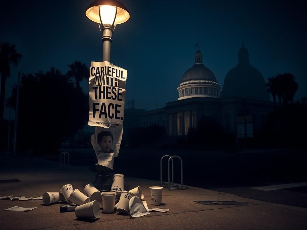 Flick International Dark street corner in Southern California with crumpled flyers and scattered coffee cups