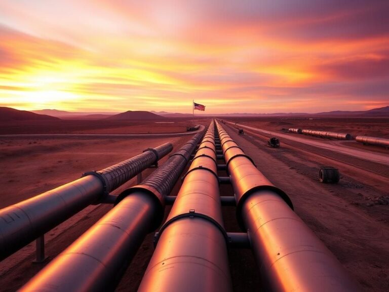 Flick International Panoramic view of the Keystone XL Pipeline construction site with metallic pipe sections in an arid landscape