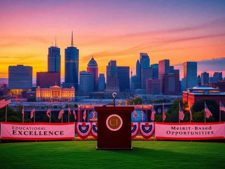 Flick International Vibrant skyline of Cincinnati, Ohio at sunset with an empty podium symbolizing political aspirations