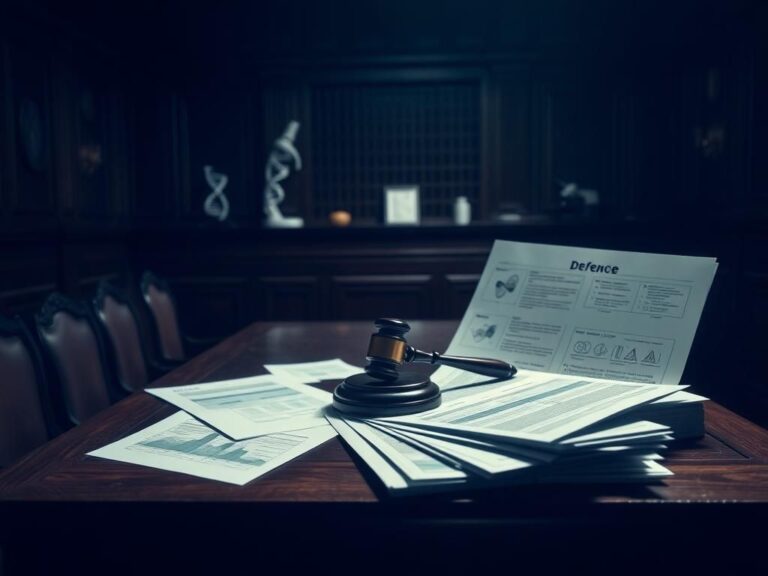 Flick International Dark courtroom scene with defense table and forensic evidence charts